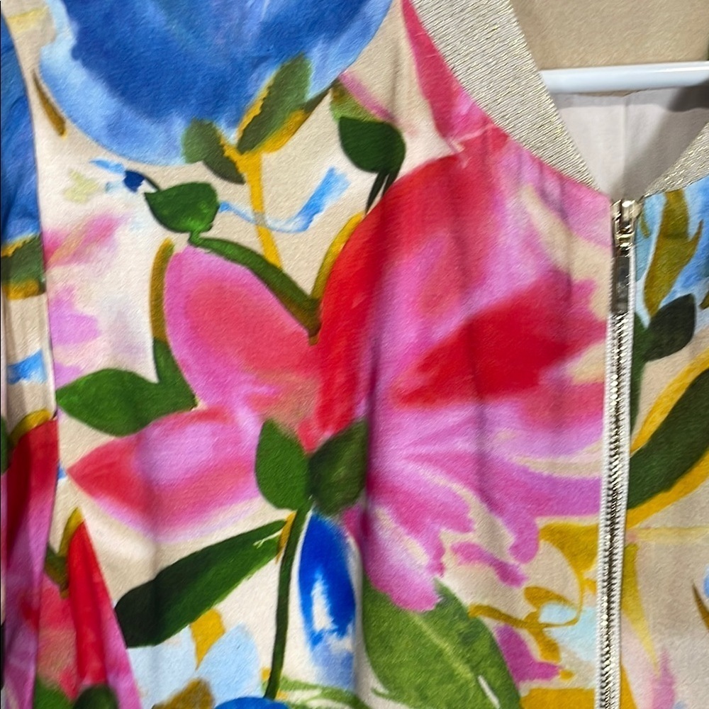 NAF NAF Paris Floral Watercolor Bomber Jacket Gold Lurex Zip Size L - Picture 5 of 14